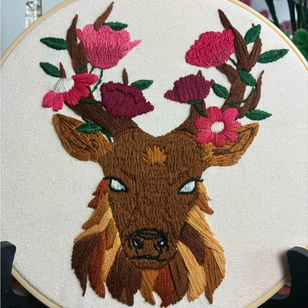 Hand Embroidered Deer Floral Hoop Art – 8” Woodland Decor - Picture 3 of 4